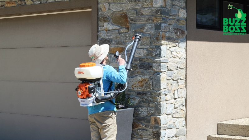 Buzz Boss worker spraying around the house for pests